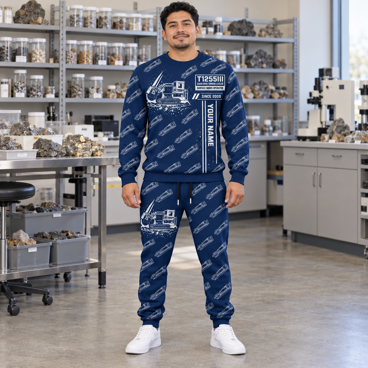 Personalized T1255III Chain Drive Terrain Leveler Surface Miner Combo Sweater + Jogger in Navy, sweater and jogger artwork with YOUR NAME and SINCE 2000 sample text.