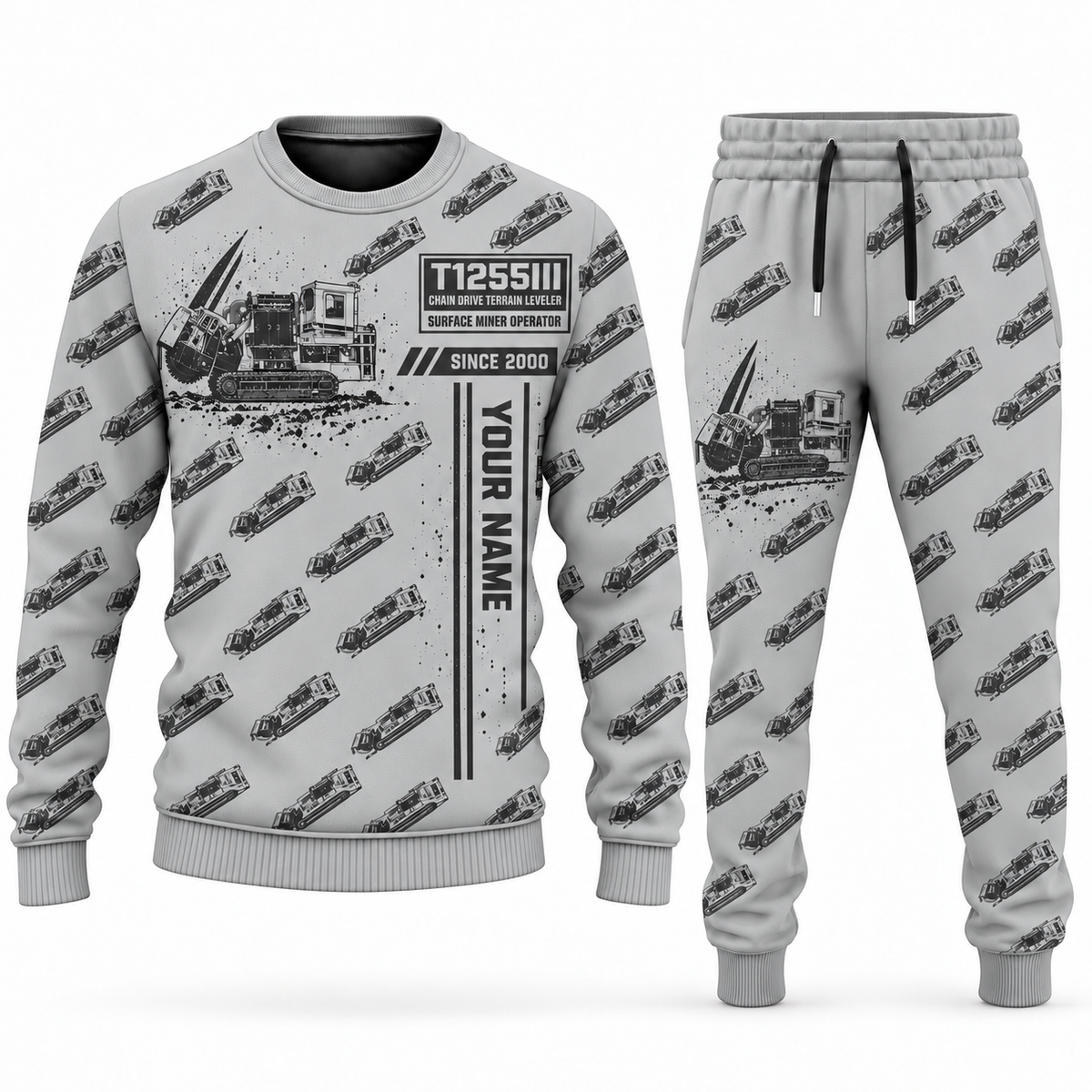 Personalized T1255III Chain Drive Terrain Leveler Surface Miner Combo Sweater + Jogger in lightgray, sweater and jogger artwork with YOUR NAME and SINCE 2000 sample text.