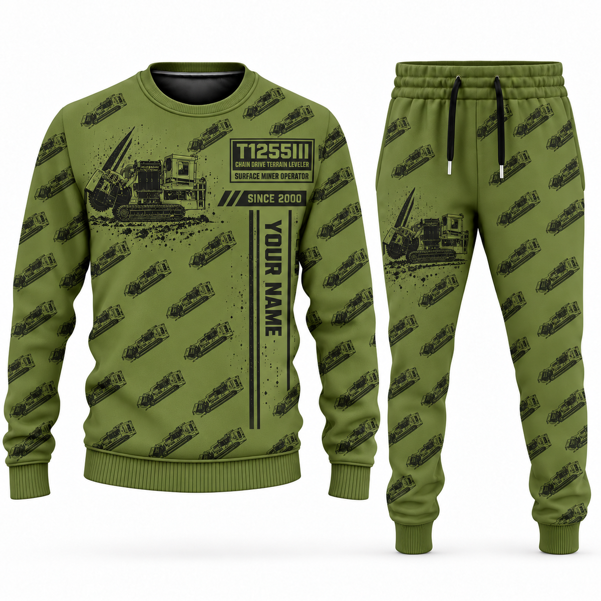 Personalized T1255III Chain Drive Terrain Leveler Surface Miner Combo Sweater + Jogger in olive, sweater and jogger artwork with YOUR NAME and SINCE 2000 sample text.