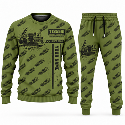 Personalized T1255III Chain Drive Terrain Leveler Surface Miner Combo Sweater + Jogger in olive, sweater and jogger artwork with YOUR NAME and SINCE 2000 sample text.