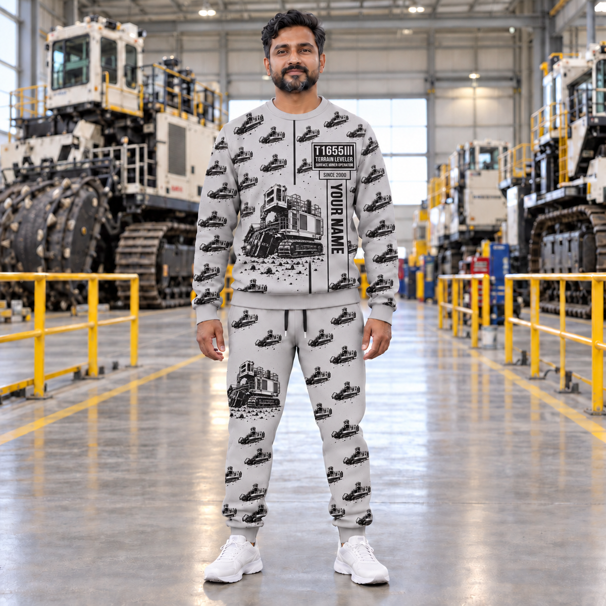 Personalized T1655III Terrain Leveler Surface Miner Combo Sweater + Jogger in Light Gray, sweater and jogger artwork with YOUR NAME and SINCE 2000 sample text.