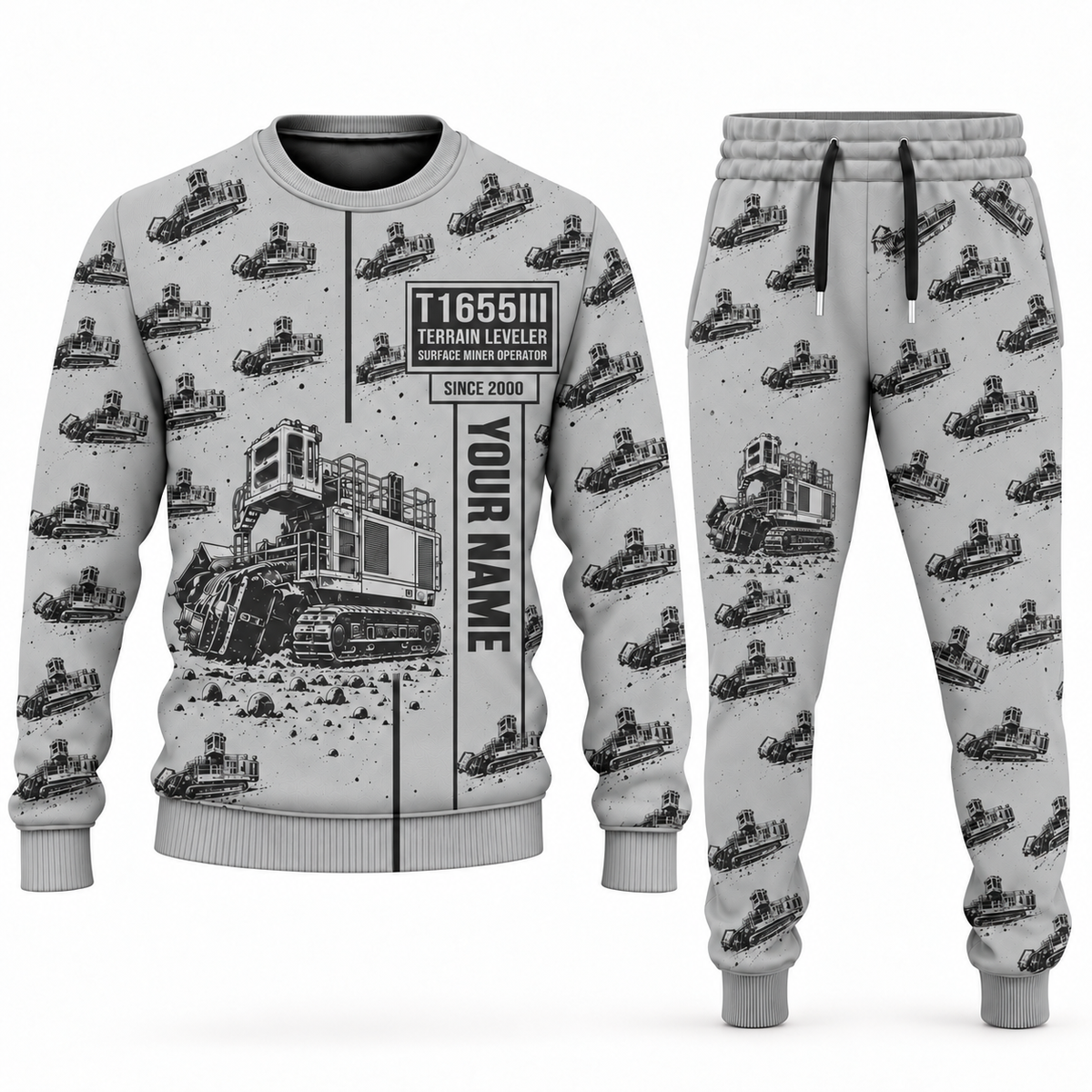 Personalized T1655III Terrain Leveler Surface Miner Combo Sweater + Jogger in lightgray, sweater and jogger artwork with YOUR NAME and SINCE 2000 sample text.