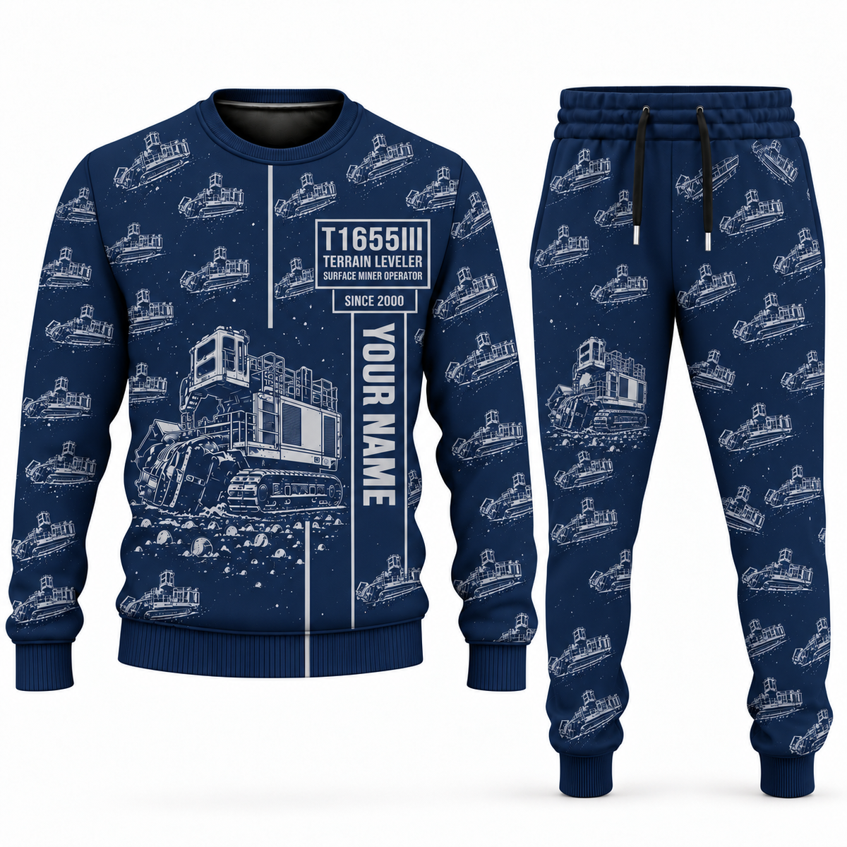 Personalized T1655III Terrain Leveler Surface Miner Combo Sweater + Jogger in navy, sweater and jogger artwork with YOUR NAME and SINCE 2000 sample text.