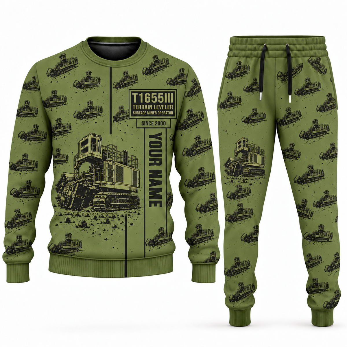 Personalized T1655III Terrain Leveler Surface Miner Combo Sweater + Jogger in olive, sweater and jogger artwork with YOUR NAME and SINCE 2000 sample text.