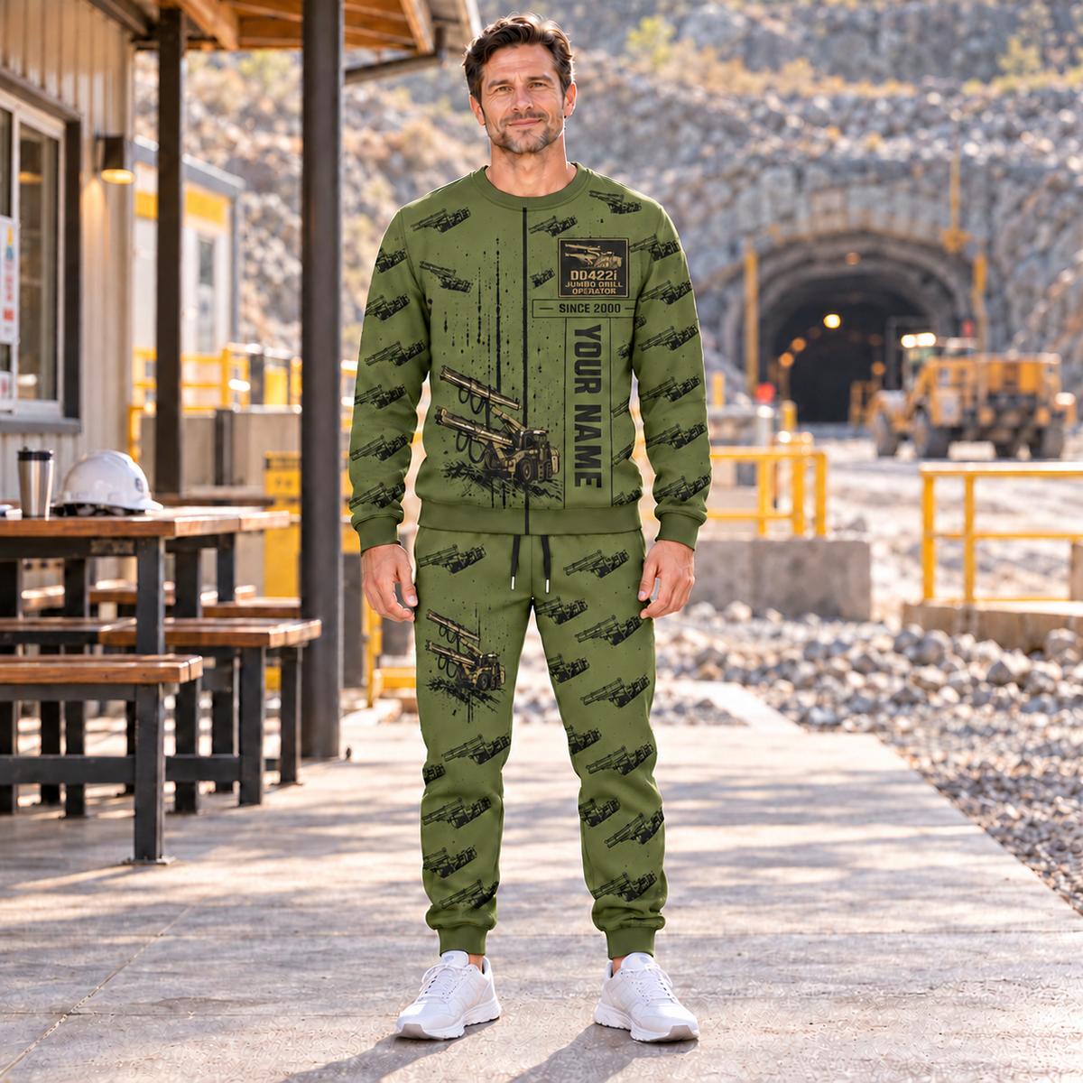 Personalized DD422i Underground Jumbo Drill Operator Combo Sweater + Jogger in Olive, sweater and jogger artwork with YOUR NAME and SINCE 2000 sample text.
