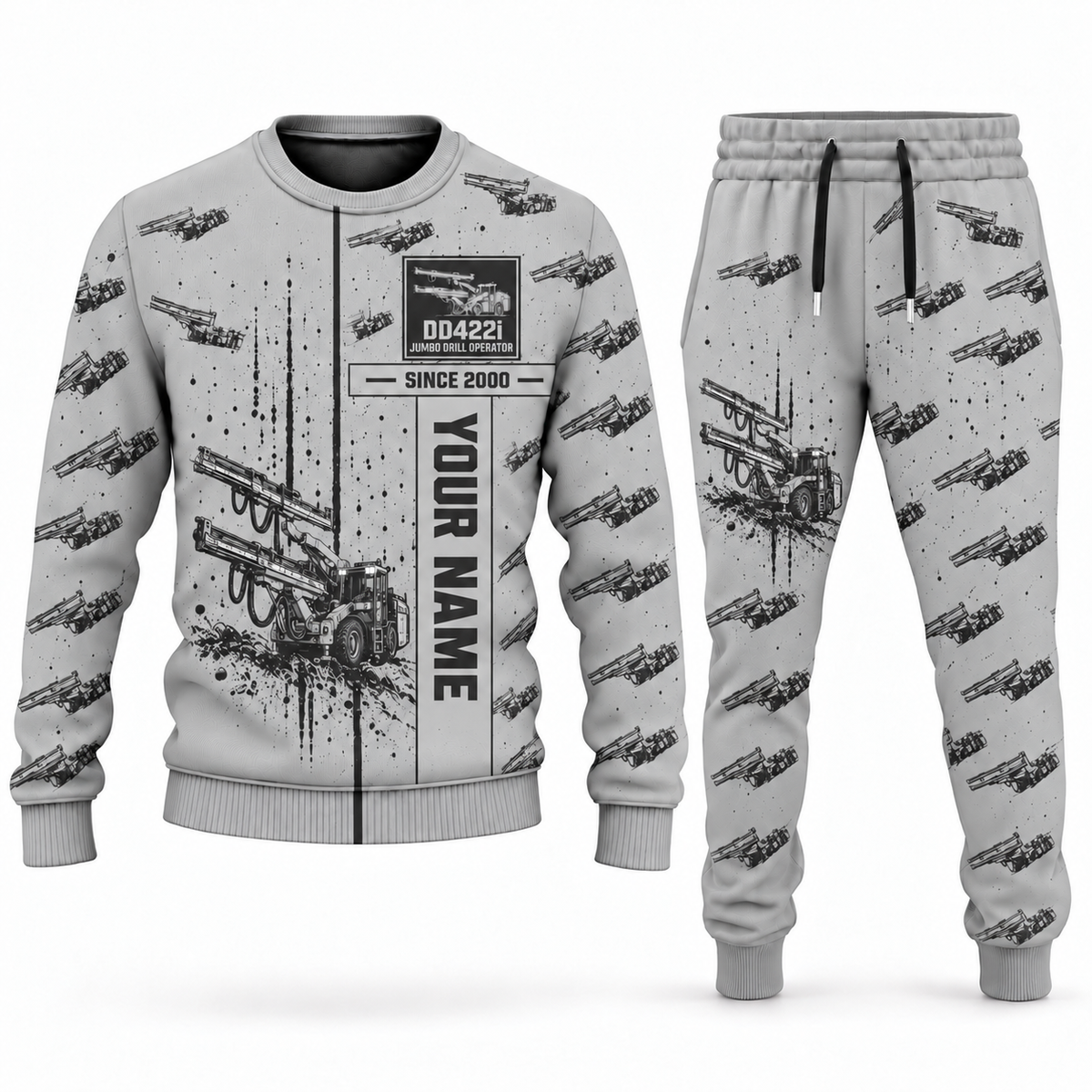 Personalized DD422i Underground Jumbo Drill Operator Combo Sweater + Jogger in lightgray, sweater and jogger artwork with YOUR NAME and SINCE 2000 sample text.