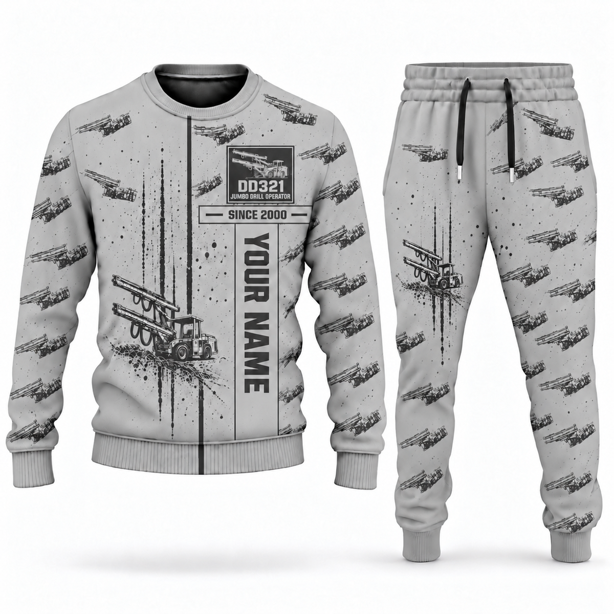 Personalized DD321 Underground Jumbo Drill Operator Combo Sweater + Jogger in lightgray, sweater and jogger artwork with YOUR NAME and SINCE 2000 sample text.
