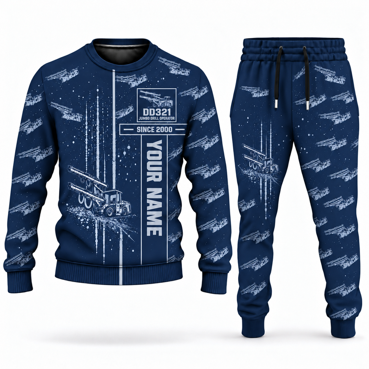 Personalized DD321 Underground Jumbo Drill Operator Combo Sweater + Jogger in navy, sweater and jogger artwork with YOUR NAME and SINCE 2000 sample text.
