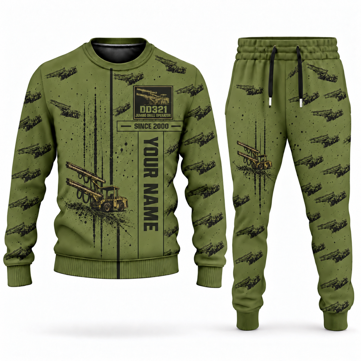 Personalized DD321 Underground Jumbo Drill Operator Combo Sweater + Jogger in olive, sweater and jogger artwork with YOUR NAME and SINCE 2000 sample text.