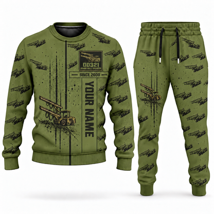 Personalized DD321 Underground Jumbo Drill Operator Combo Sweater + Jogger in olive, sweater and jogger artwork with YOUR NAME and SINCE 2000 sample text.