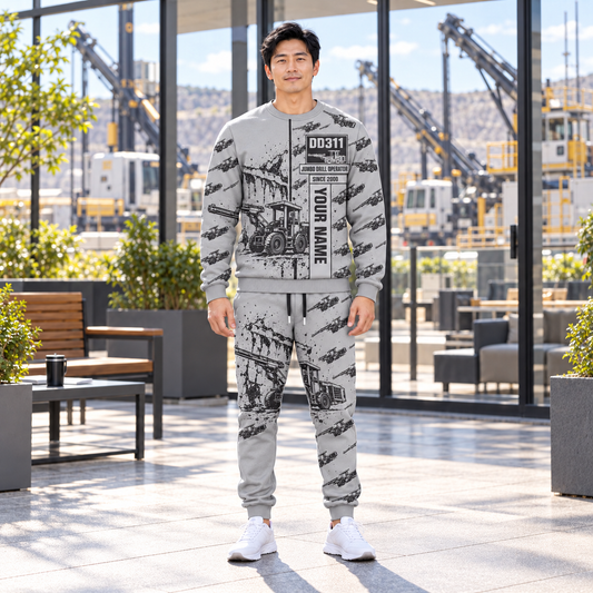 Personalized DD311 Underground Jumbo Drill Operator Combo Sweater + Jogger in Light Gray, sweater and jogger artwork with YOUR NAME and SINCE 2000 sample text.