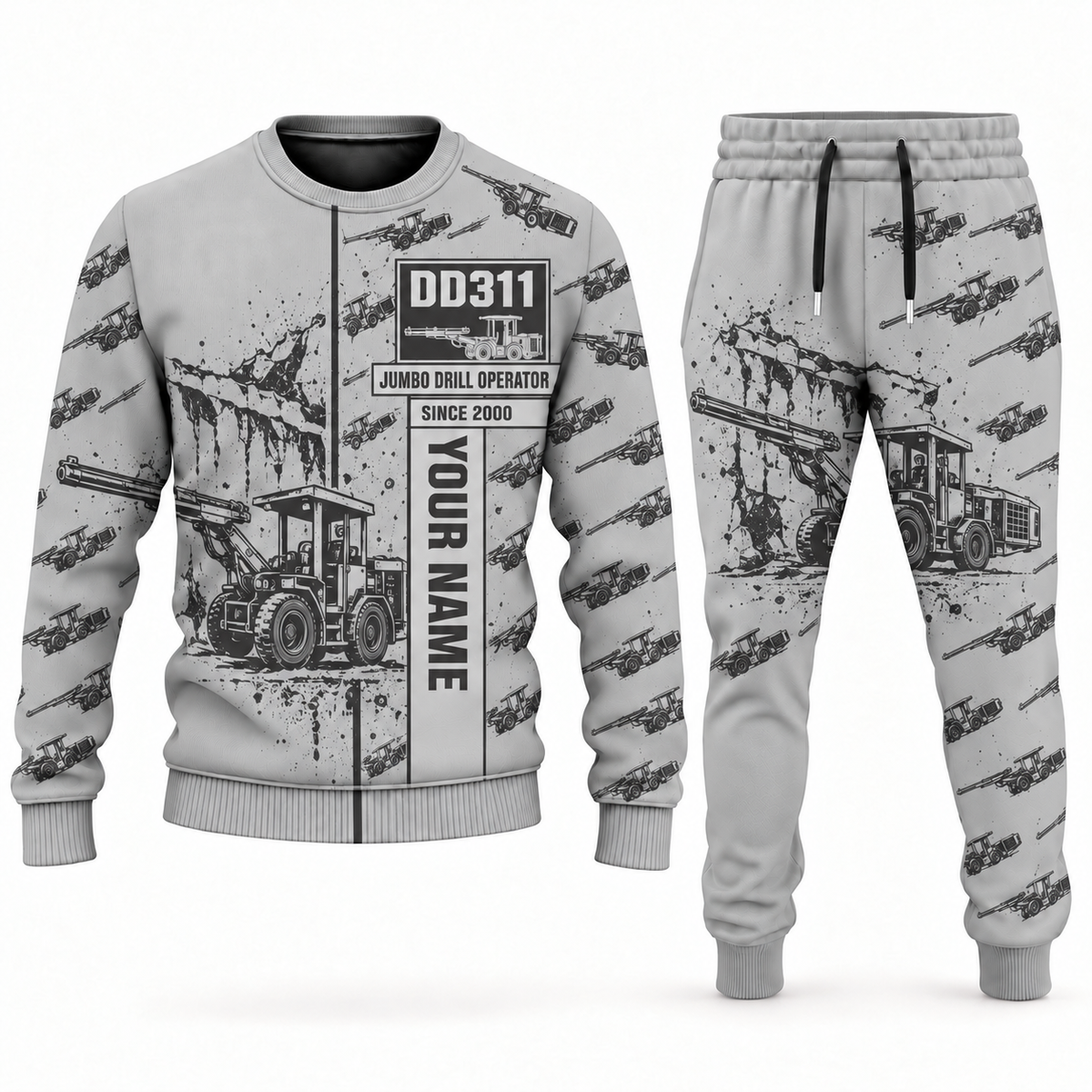 Personalized DD311 Underground Jumbo Drill Operator Combo Sweater + Jogger in lightgray, sweater and jogger artwork with YOUR NAME and SINCE 2000 sample text.