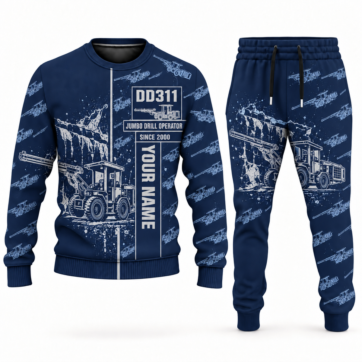 Personalized DD311 Underground Jumbo Drill Operator Combo Sweater + Jogger in navy, sweater and jogger artwork with YOUR NAME and SINCE 2000 sample text.