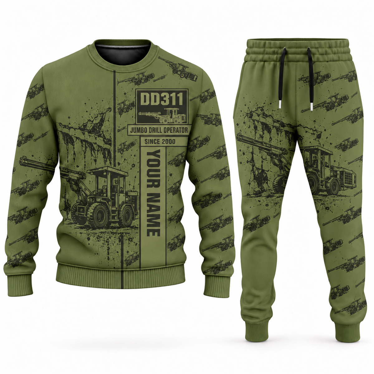 Personalized DD311 Underground Jumbo Drill Operator Combo Sweater + Jogger in olive, sweater and jogger artwork with YOUR NAME and SINCE 2000 sample text.