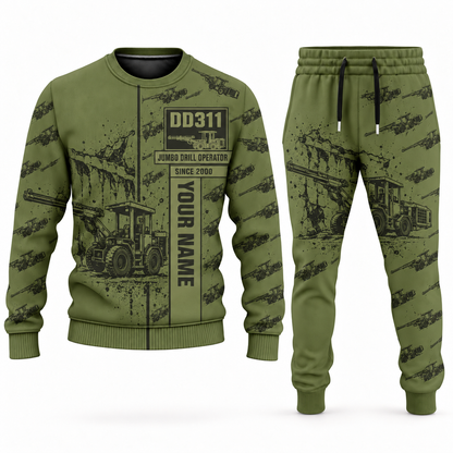 Personalized DD311 Underground Jumbo Drill Operator Combo Sweater + Jogger in olive, sweater and jogger artwork with YOUR NAME and SINCE 2000 sample text.