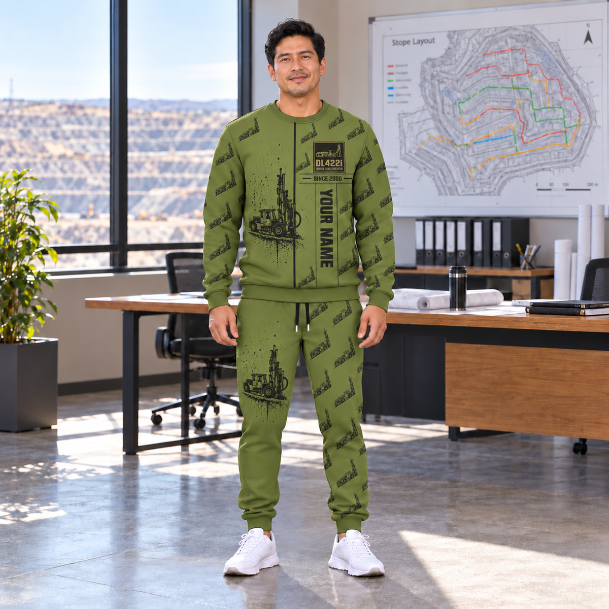 Personalized DL422i Longhole Drill Operator Combo Sweater + Jogger in Olive, sweater and jogger artwork with YOUR NAME and SINCE 2000 sample text.