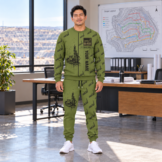 Personalized DL422i Longhole Drill Operator Combo Sweater + Jogger in Olive, sweater and jogger artwork with YOUR NAME and SINCE 2000 sample text.
