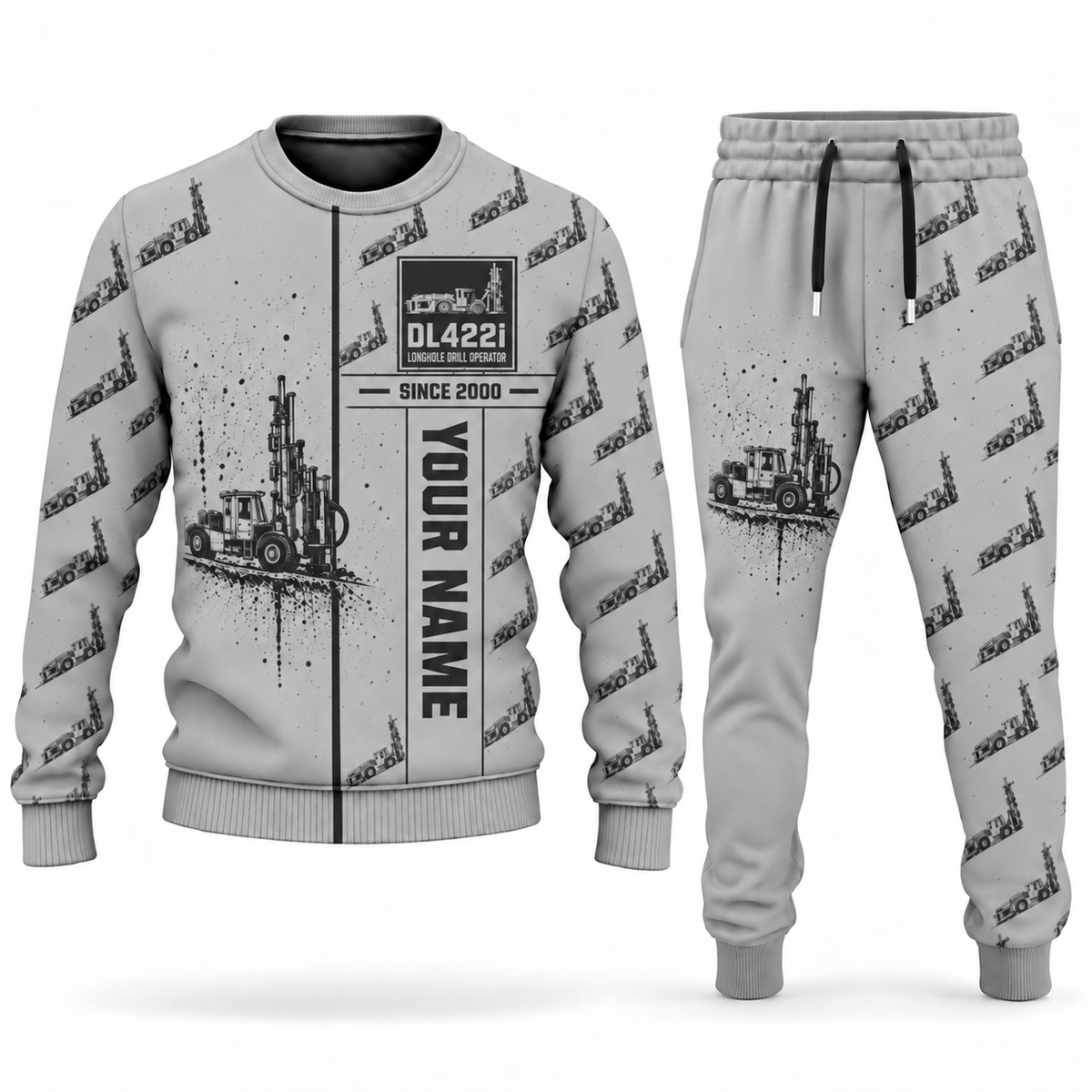 Personalized DL422i Longhole Drill Operator Combo Sweater + Jogger in lightgray, sweater and jogger artwork with YOUR NAME and SINCE 2000 sample text.