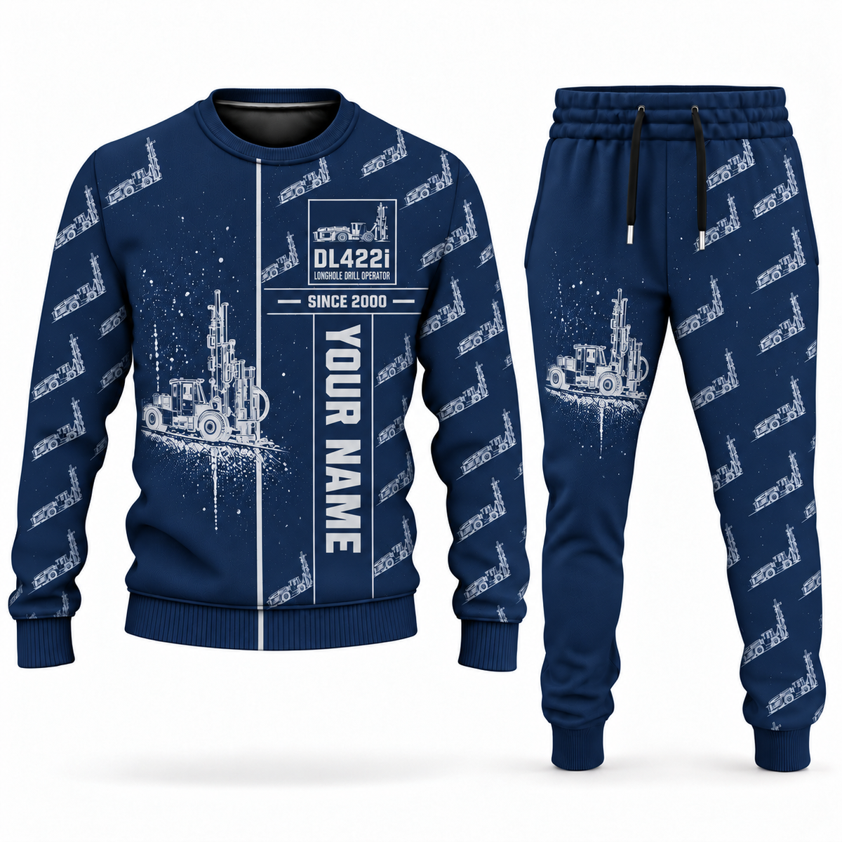 Personalized DL422i Longhole Drill Operator Combo Sweater + Jogger in navy, sweater and jogger artwork with YOUR NAME and SINCE 2000 sample text.
