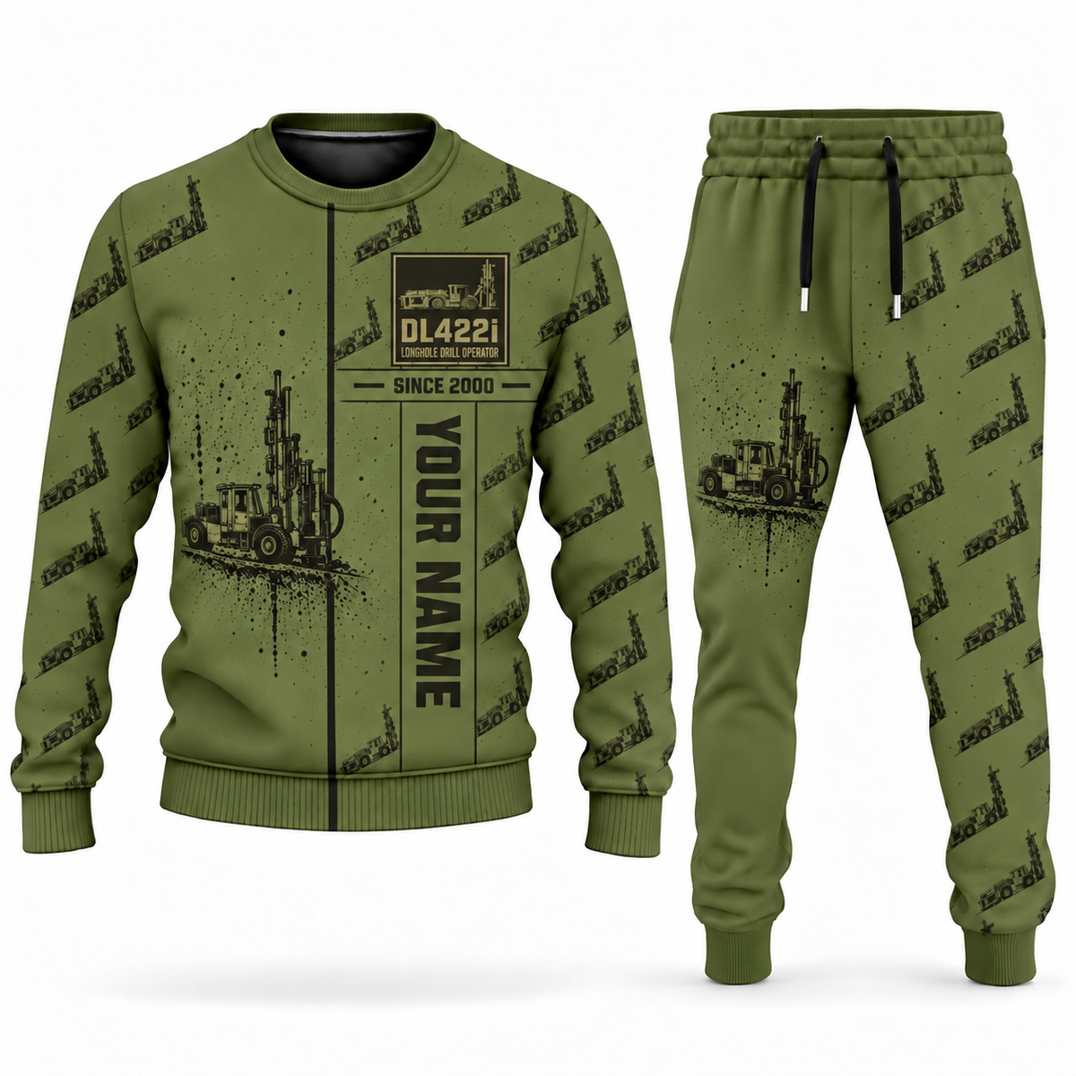 Personalized DL422i Longhole Drill Operator Combo Sweater + Jogger in olive, sweater and jogger artwork with YOUR NAME and SINCE 2000 sample text.
