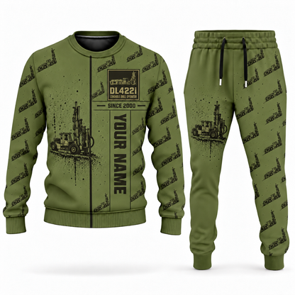 Personalized DL422i Longhole Drill Operator Combo Sweater + Jogger in olive, sweater and jogger artwork with YOUR NAME and SINCE 2000 sample text.