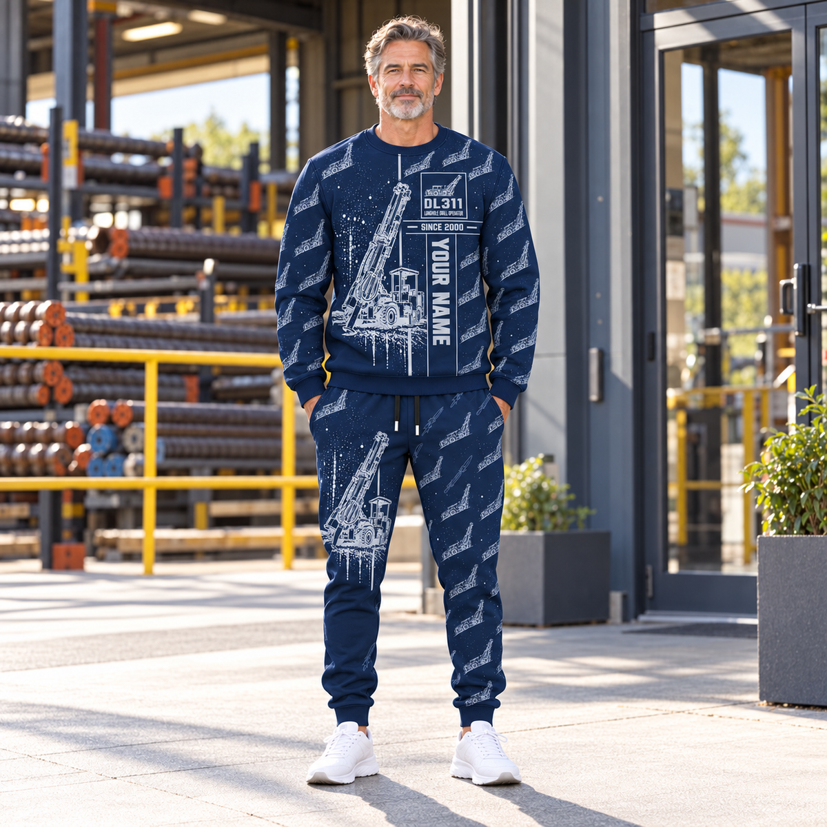 Personalized DL311 Longhole Drill Operator Combo Sweater + Jogger in Navy, sweater and jogger artwork with YOUR NAME and SINCE 2000 sample text.