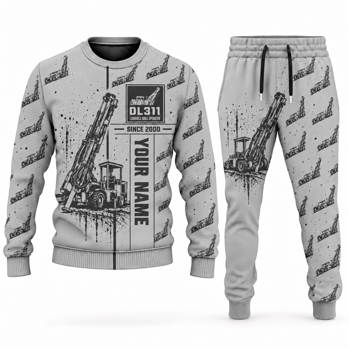 Personalized DL311 Longhole Drill Operator Combo Sweater + Jogger in lightgray, sweater and jogger artwork with YOUR NAME and SINCE 2000 sample text.