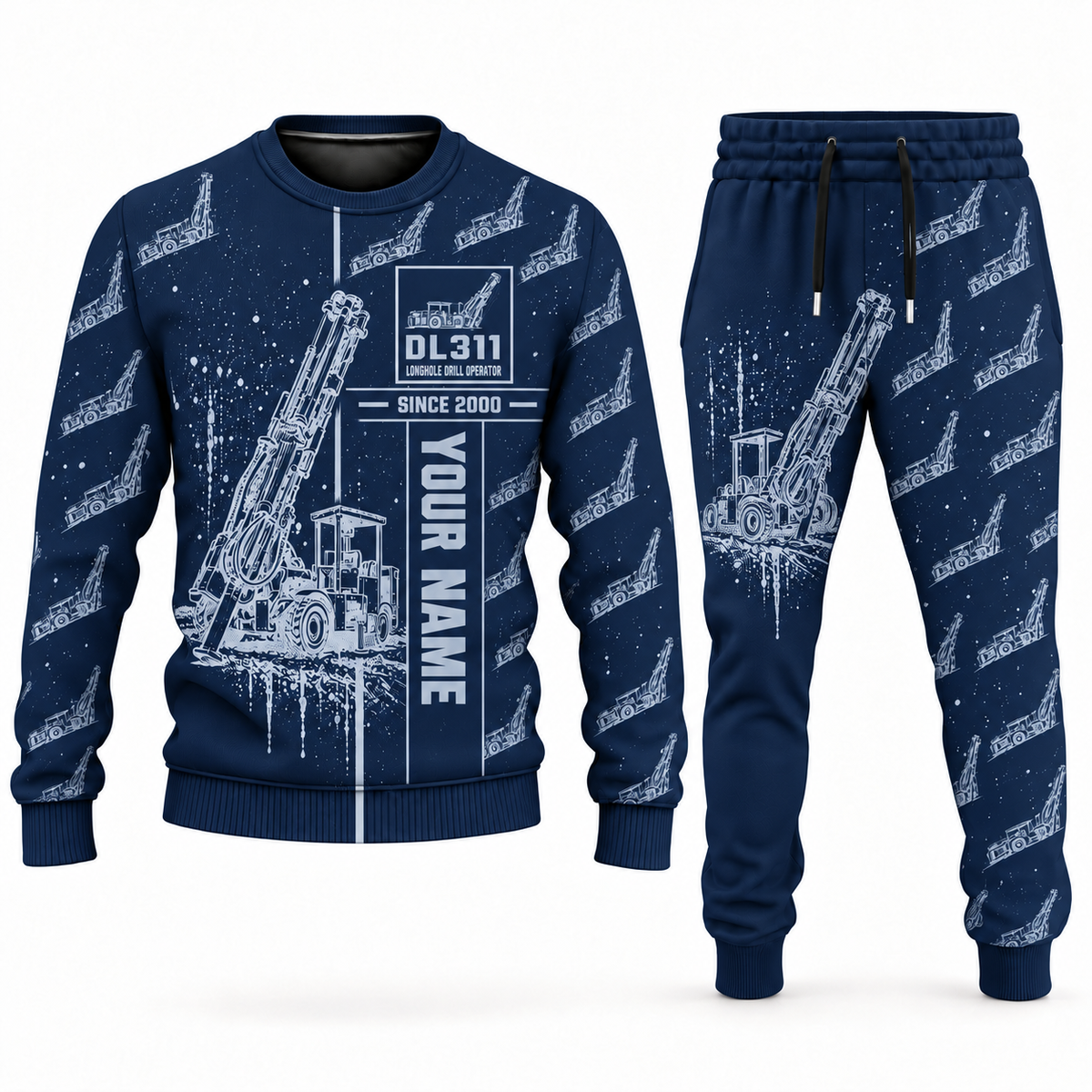 Personalized DL311 Longhole Drill Operator Combo Sweater + Jogger in navy, sweater and jogger artwork with YOUR NAME and SINCE 2000 sample text.