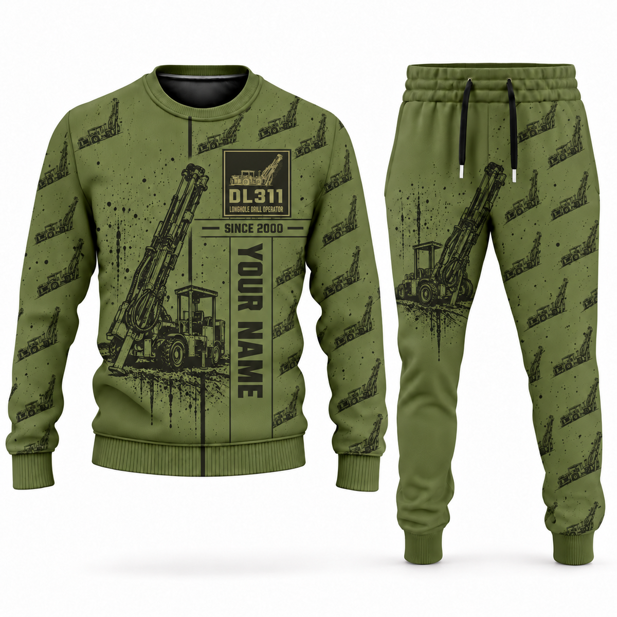 Personalized DL311 Longhole Drill Operator Combo Sweater + Jogger in olive, sweater and jogger artwork with YOUR NAME and SINCE 2000 sample text.