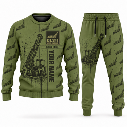 Personalized DL311 Longhole Drill Operator Combo Sweater + Jogger in olive, sweater and jogger artwork with YOUR NAME and SINCE 2000 sample text.