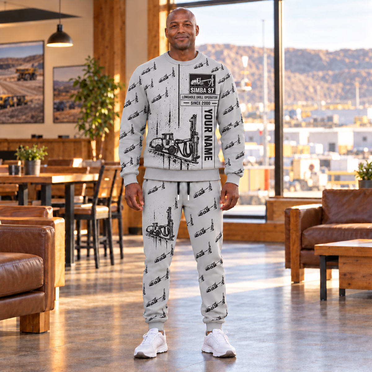 Personalized Simba S7 Longhole Drill Operator Combo Sweater + Jogger in Light Gray, sweater and jogger artwork with YOUR NAME and SINCE 2000 sample text.