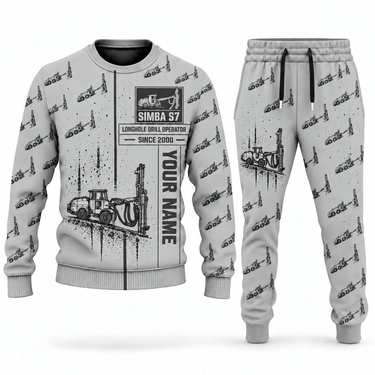 Personalized Simba S7 Longhole Drill Operator Combo Sweater + Jogger in lightgray, sweater and jogger artwork with YOUR NAME and SINCE 2000 sample text.