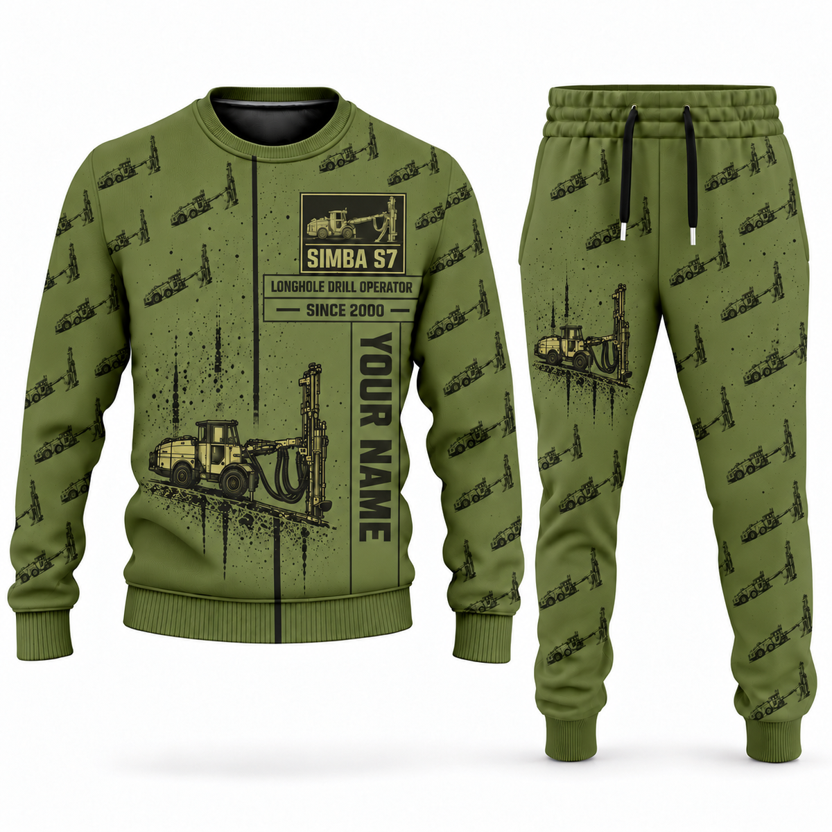 Personalized Simba S7 Longhole Drill Operator Combo Sweater + Jogger in olive, sweater and jogger artwork with YOUR NAME and SINCE 2000 sample text.