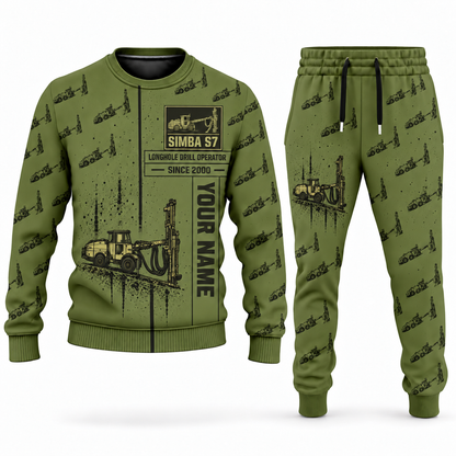 Personalized Simba S7 Longhole Drill Operator Combo Sweater + Jogger in olive, sweater and jogger artwork with YOUR NAME and SINCE 2000 sample text.