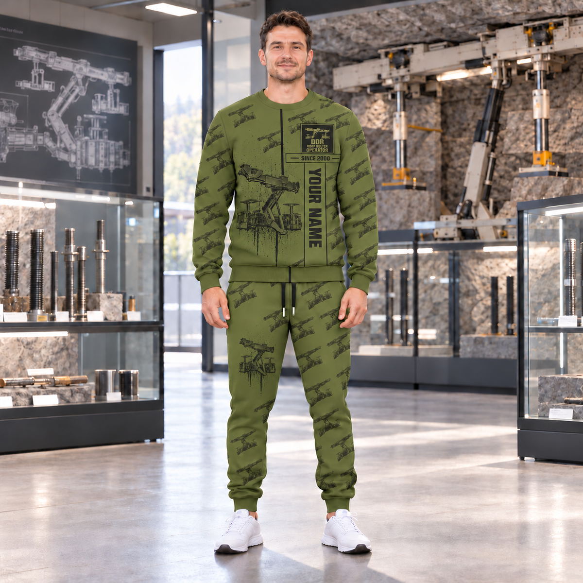 Personalized Fletcher DDR Roof Bolter Operator Combo Sweater + Jogger in Olive, sweater and jogger artwork with YOUR NAME and SINCE 2000 sample text.