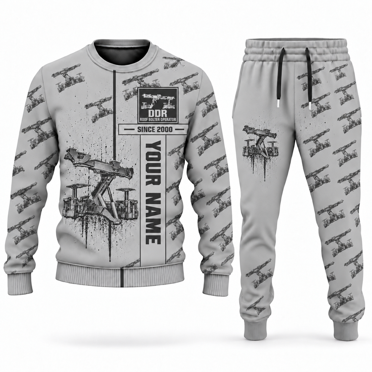 Personalized Fletcher DDR Roof Bolter Operator Combo Sweater + Jogger in lightgray, sweater and jogger artwork with YOUR NAME and SINCE 2000 sample text.
