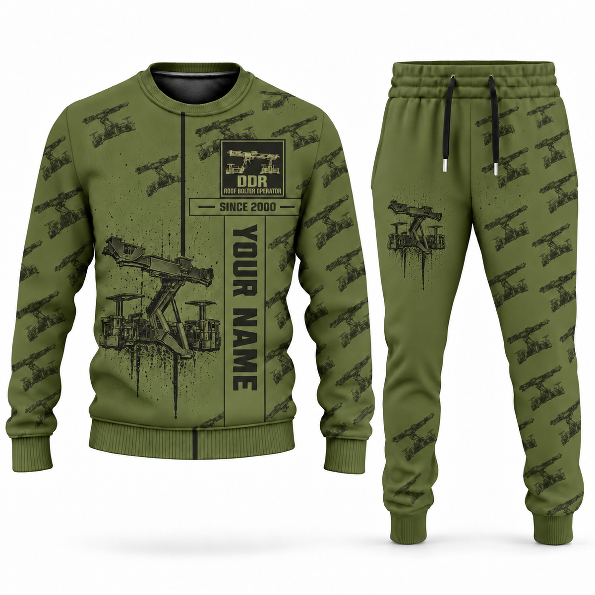 Personalized Fletcher DDR Roof Bolter Operator Combo Sweater + Jogger in olive, sweater and jogger artwork with YOUR NAME and SINCE 2000 sample text.