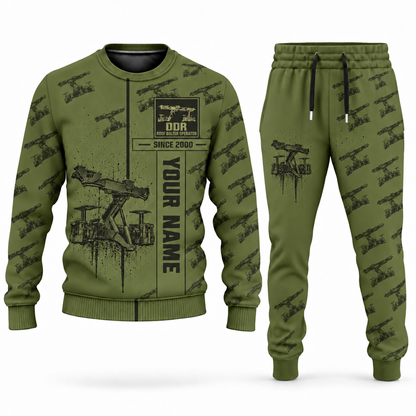 Personalized Fletcher DDR Roof Bolter Operator Combo Sweater + Jogger in olive, sweater and jogger artwork with YOUR NAME and SINCE 2000 sample text.