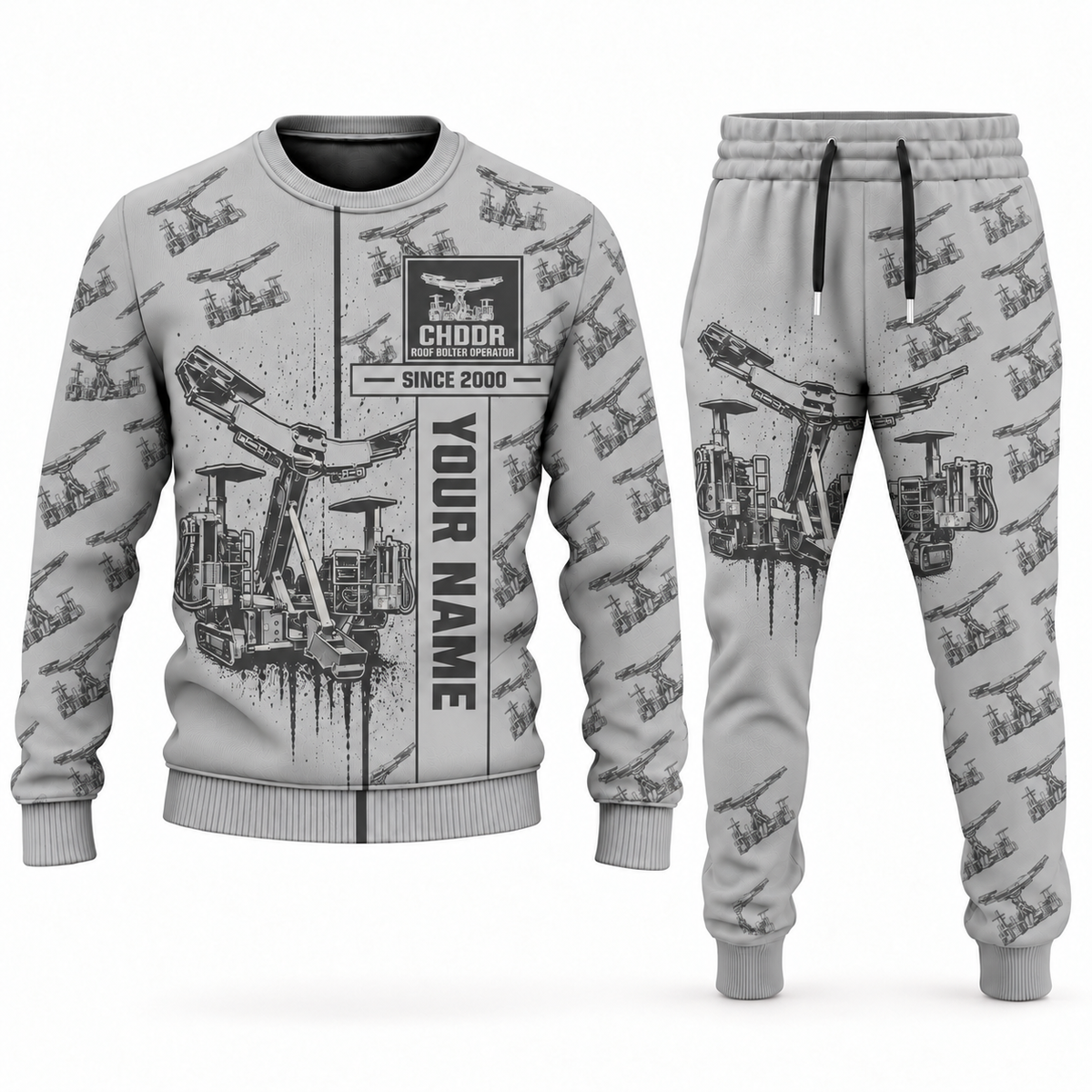 Personalized Fletcher CHDDR Roof Bolter Operator Combo Sweater + Jogger in lightgray, sweater and jogger artwork with YOUR NAME and SINCE 2000 sample text.