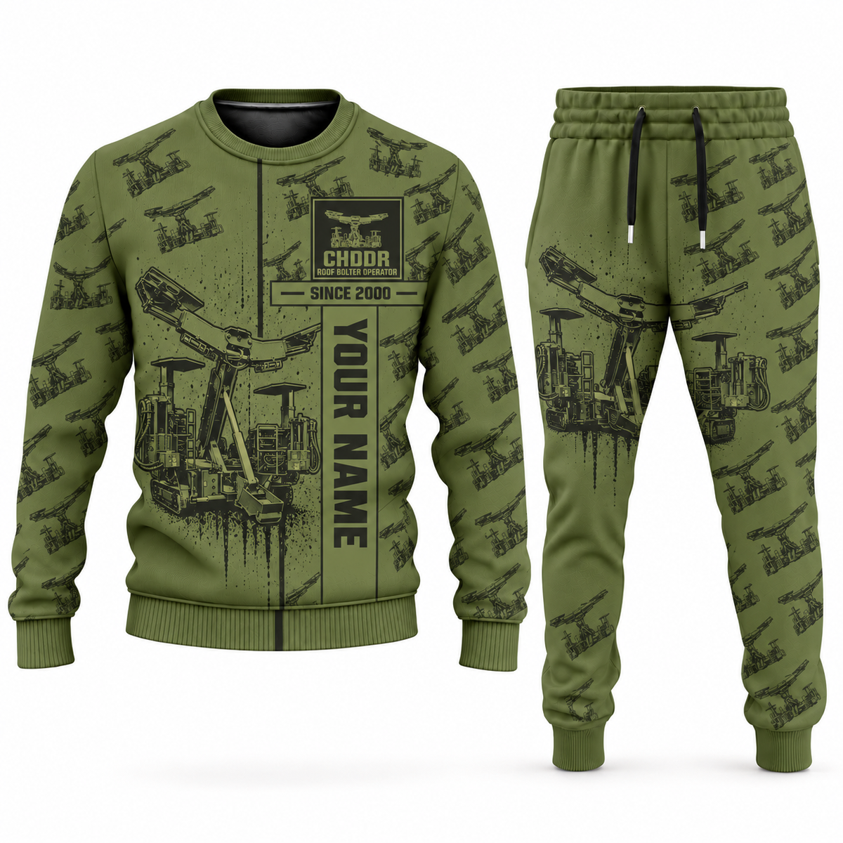 Personalized Fletcher CHDDR Roof Bolter Operator Combo Sweater + Jogger in olive, sweater and jogger artwork with YOUR NAME and SINCE 2000 sample text.