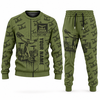 Personalized Fletcher CHDDR Roof Bolter Operator Combo Sweater + Jogger in olive, sweater and jogger artwork with YOUR NAME and SINCE 2000 sample text.