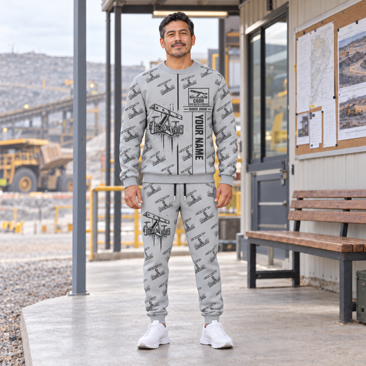 Personalized Fletcher CDDR Roof Bolter Operator Combo Sweater + Jogger in Light Gray, sweater and jogger artwork with YOUR NAME and SINCE 2000 sample text.