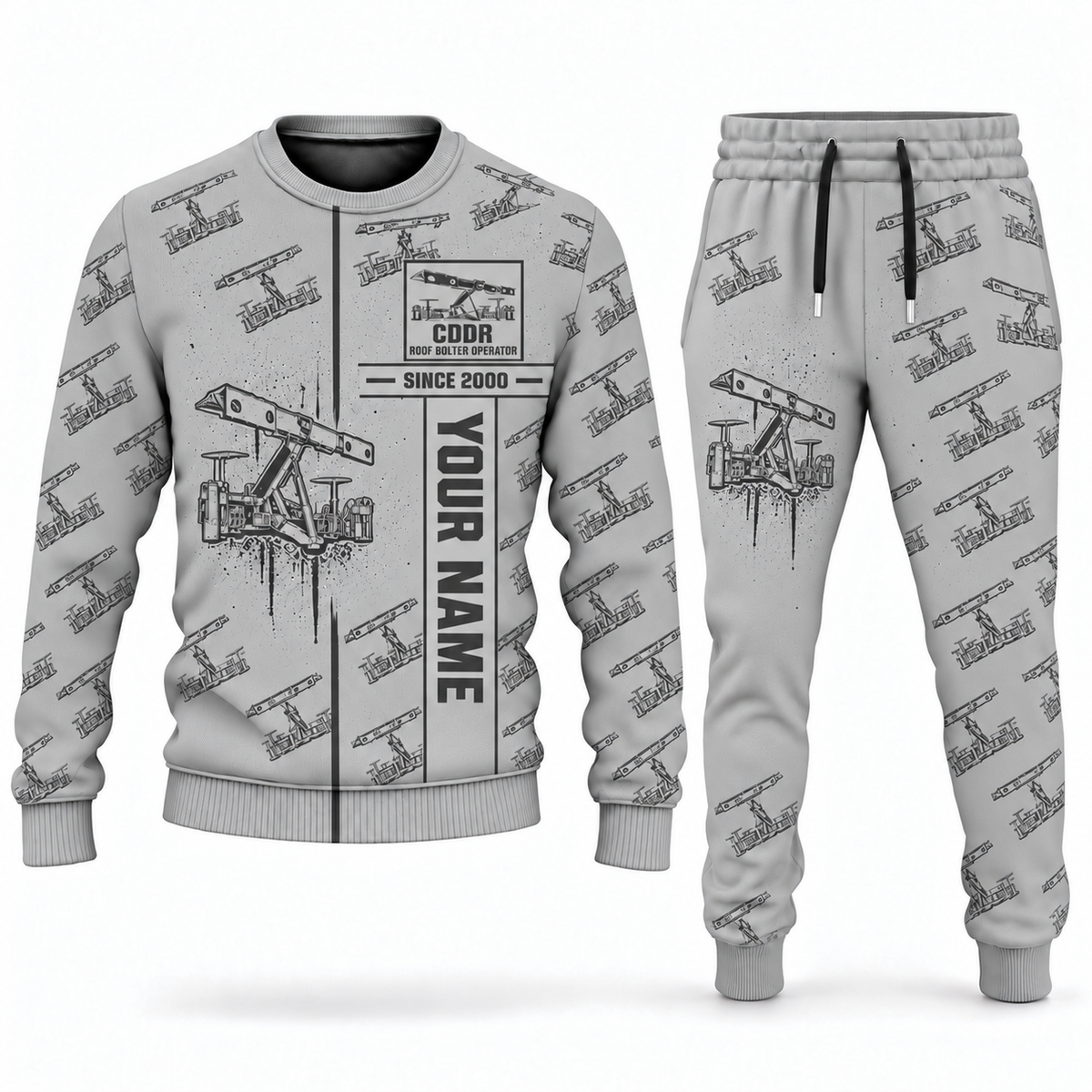 Personalized Fletcher CDDR Roof Bolter Operator Combo Sweater + Jogger in lightgray, sweater and jogger artwork with YOUR NAME and SINCE 2000 sample text.