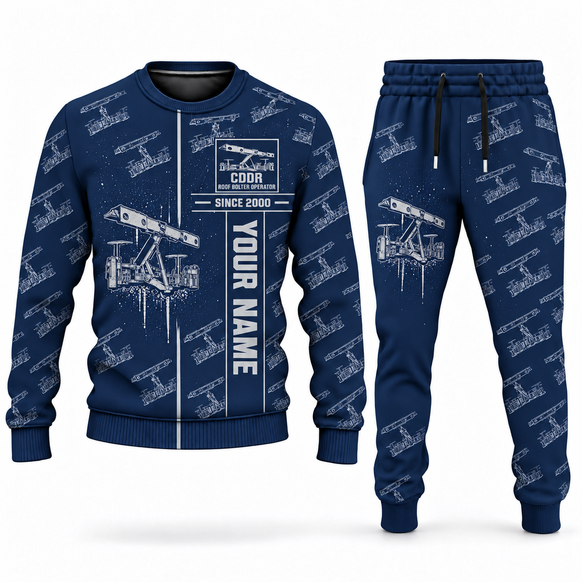 Personalized Fletcher CDDR Roof Bolter Operator Combo Sweater + Jogger in navy, sweater and jogger artwork with YOUR NAME and SINCE 2000 sample text.