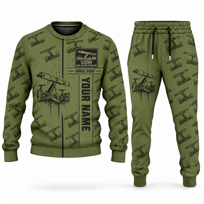 Personalized Fletcher CDDR Roof Bolter Operator Combo Sweater + Jogger in olive, sweater and jogger artwork with YOUR NAME and SINCE 2000 sample text.