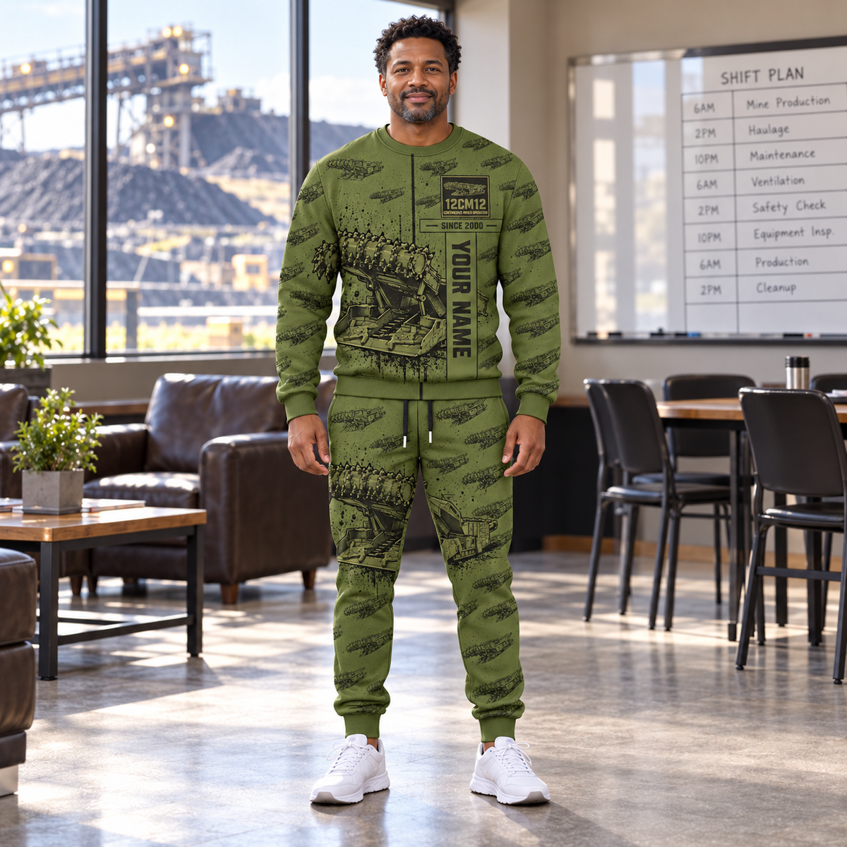 Personalized 12CM12 Continuous Miner Operator Combo Sweater + Jogger in Olive, sweater and jogger artwork with YOUR NAME and SINCE 2000 sample text.