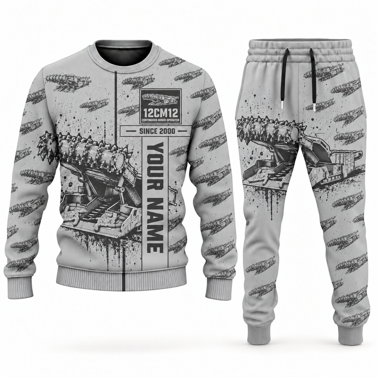 Personalized 12CM12 Continuous Miner Operator Combo Sweater + Jogger in lightgray, sweater and jogger artwork with YOUR NAME and SINCE 2000 sample text.