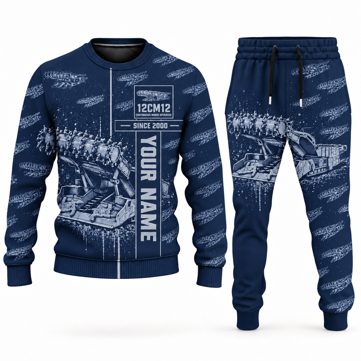 Personalized 12CM12 Continuous Miner Operator Combo Sweater + Jogger in navy, sweater and jogger artwork with YOUR NAME and SINCE 2000 sample text.