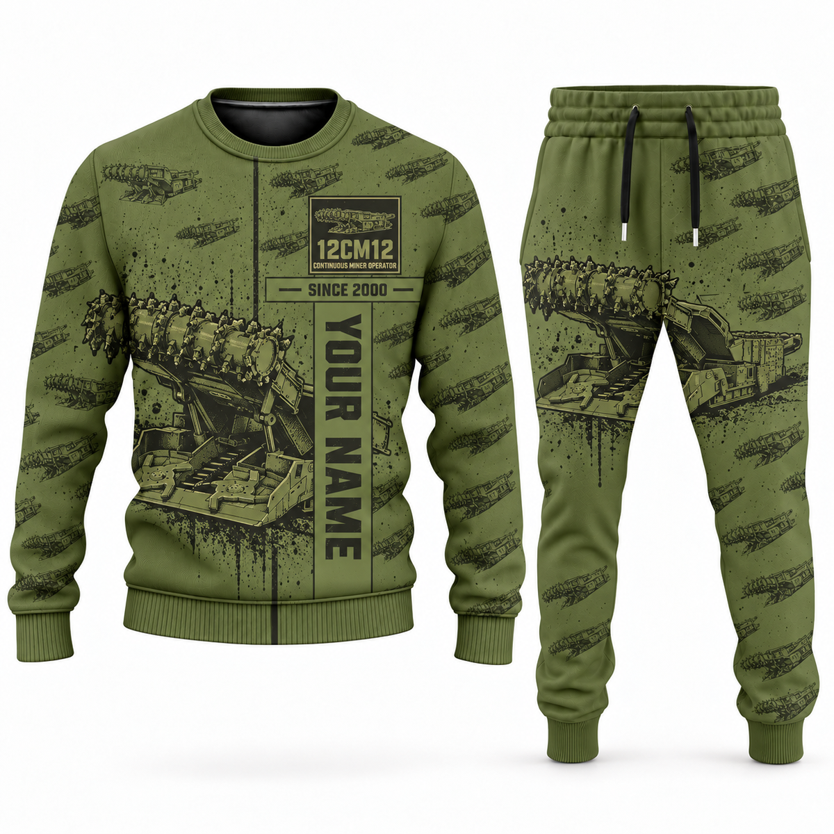Personalized 12CM12 Continuous Miner Operator Combo Sweater + Jogger in olive, sweater and jogger artwork with YOUR NAME and SINCE 2000 sample text.