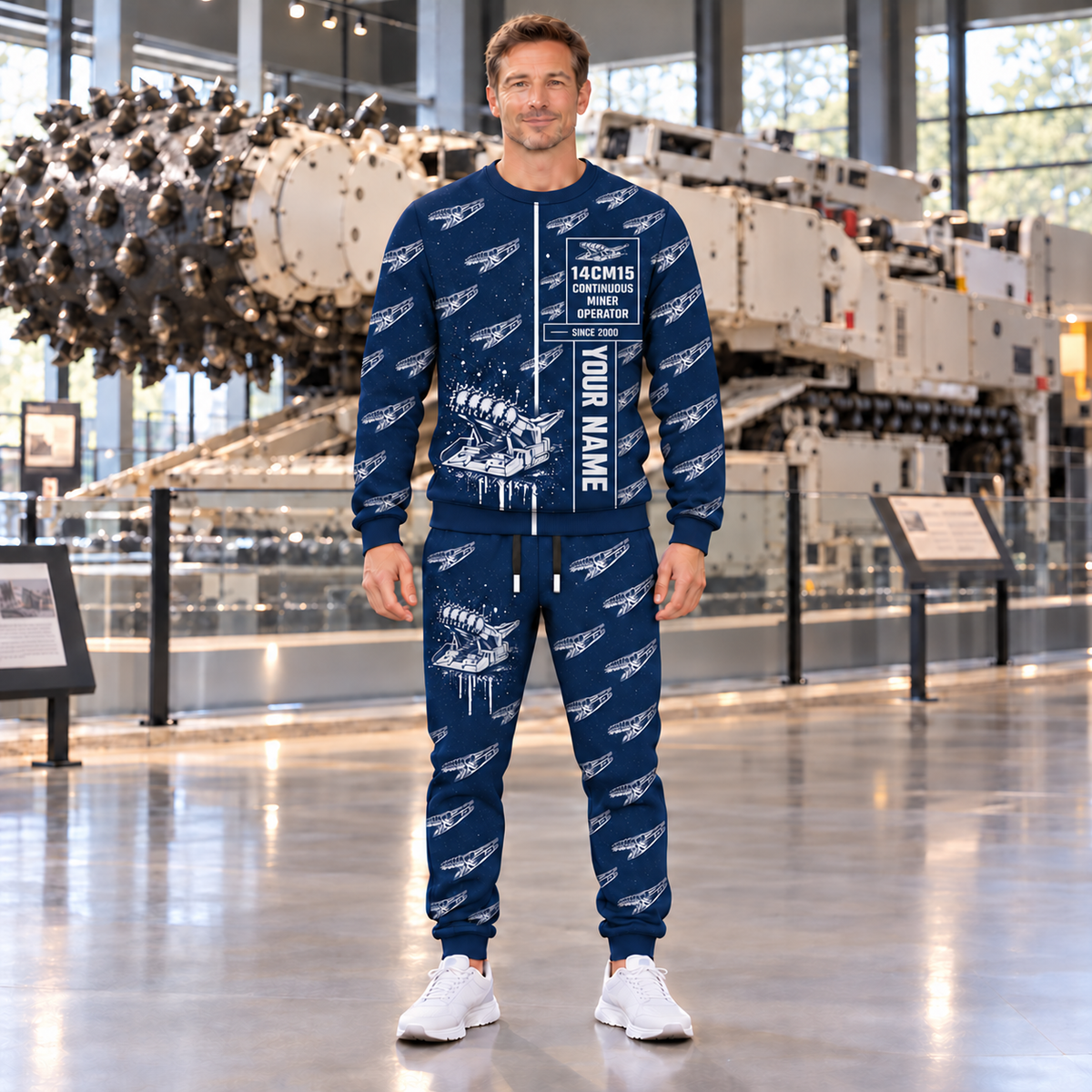 Personalized 14CM15 Continuous Miner Operator Combo Sweater + Jogger in Navy, sweater and jogger artwork with YOUR NAME and SINCE 2000 sample text.